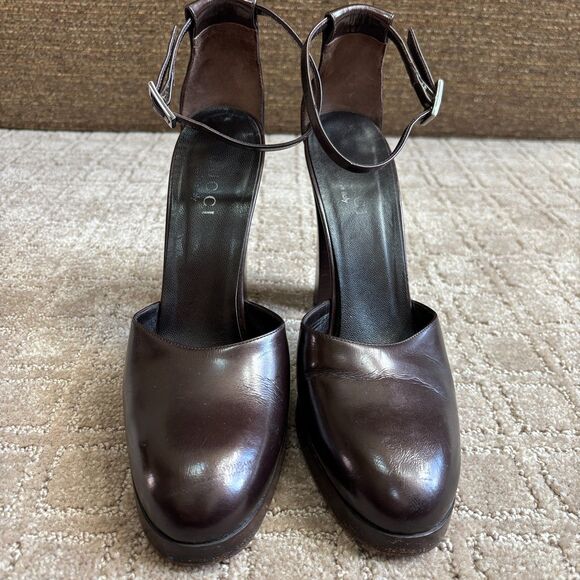 Gucci VTG 90s Mary Jane Platform Heels Womens 8.5B Brown Leather Ankle Strap Y2K - Picture 3 of 14